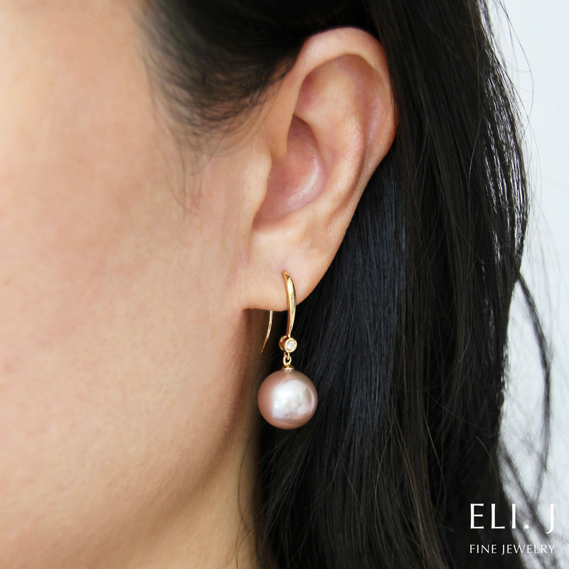 Gentleness: Peach Edison Pearl 18K Yellow Gold Diamond Earrings