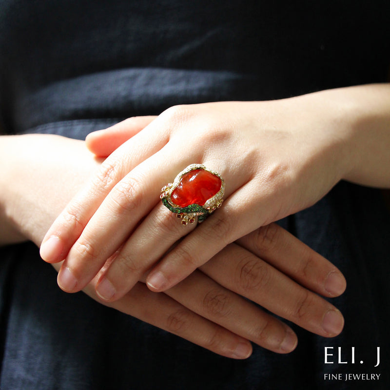 Poseidon's Treasure 1.0: Fire Opal, Sapphire & Diamond 18K Gold Ring