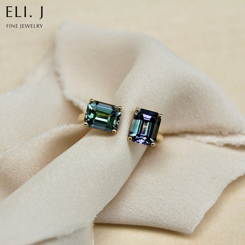 Aurora Borealis: Emerald Cut Unheated Tanzanite 18K Yellow Gold Toi Et Moi Ring