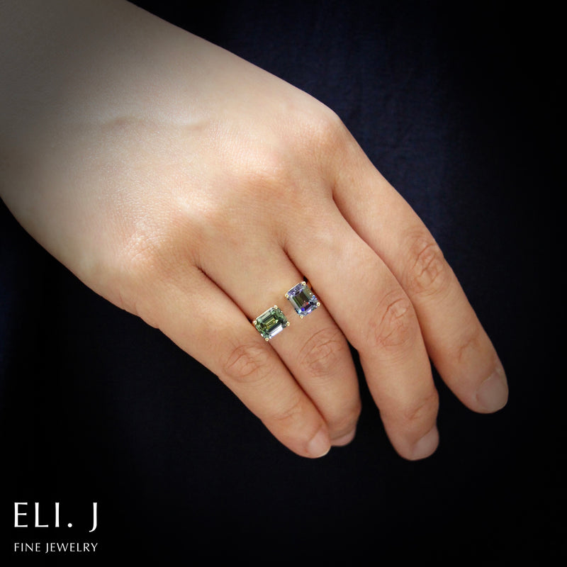 Aurora Borealis: Emerald Cut Unheated Tanzanite 18K Yellow Gold Toi Et Moi Ring