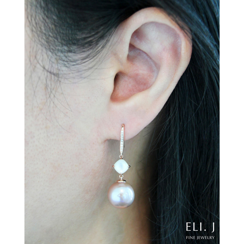 Restful Days: MOP, Pink Edison Pearl & Diamond 14K Rose Gold Earrings