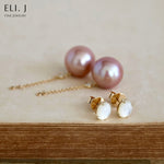 Mia: MOP, Pink Edison Pearl & Diamond 14K Yellow Gold Earrings