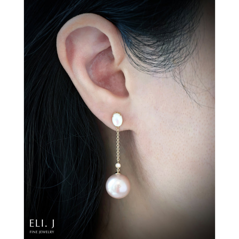 Mia: MOP, Pink Edison Pearl & Diamond 14K Yellow Gold Earrings