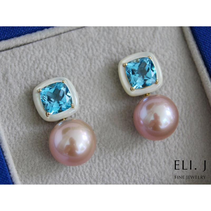 Delight:  Swiss Blue Topaz & MOP, Edison Pearl 14K Yellow Gold Earrings