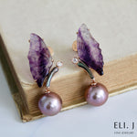 Freedom:  Amethyst, Black MOP, Edison Pearl & Diamond 14K Rose Gold Earrings