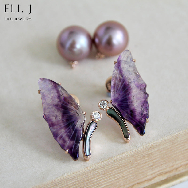 Freedom:  Amethyst, Black MOP, Edison Pearl & Diamond 14K Rose Gold Earrings