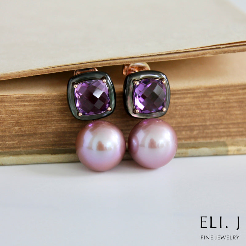 Delight II:  Amethyst & Black MOP, Edison Pearl 14K Rose Gold Earrings