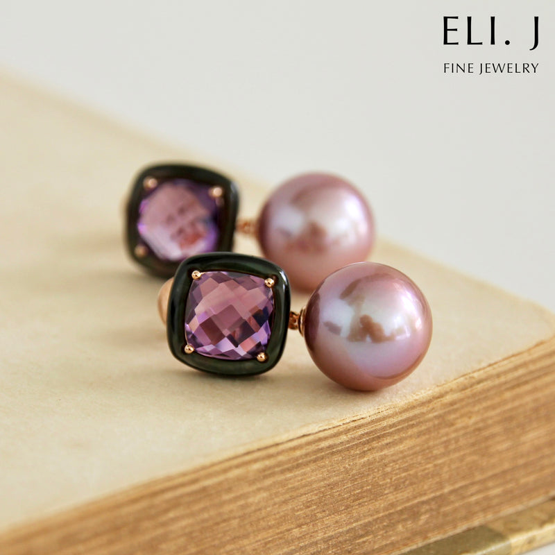 Delight II:  Amethyst & Black MOP, Edison Pearl 14K Rose Gold Earrings