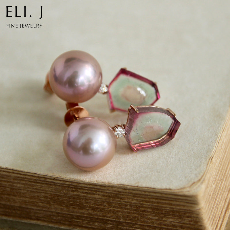 Play:  Watermelon Tourmaline, Edison Pearls & Diamond 14K Rose Gold Earrings