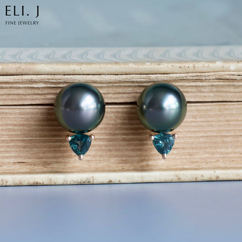 Charlotte: Tahitian Pearl & Teal Sapphire 18K Rose Gold Earrings