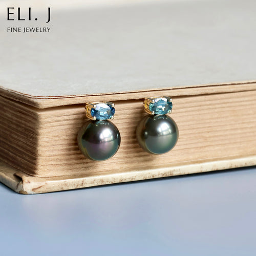 Kaia: Peacock Tahitian Pearl & Teal Sapphire 18K Yellow Gold Earrings