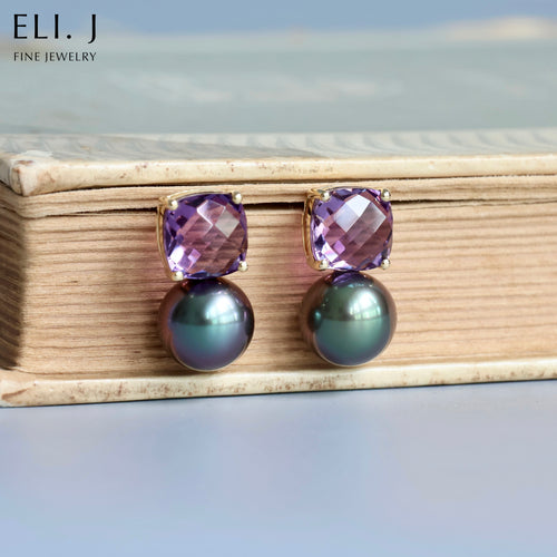Iris: Rare Purple Tahitian Pearl & Amethyst 18K Yellow Gold Earrings