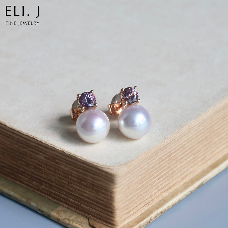 Violetta: Purple Akoya Pearl & Spinel 18K Rose Gold Earrings