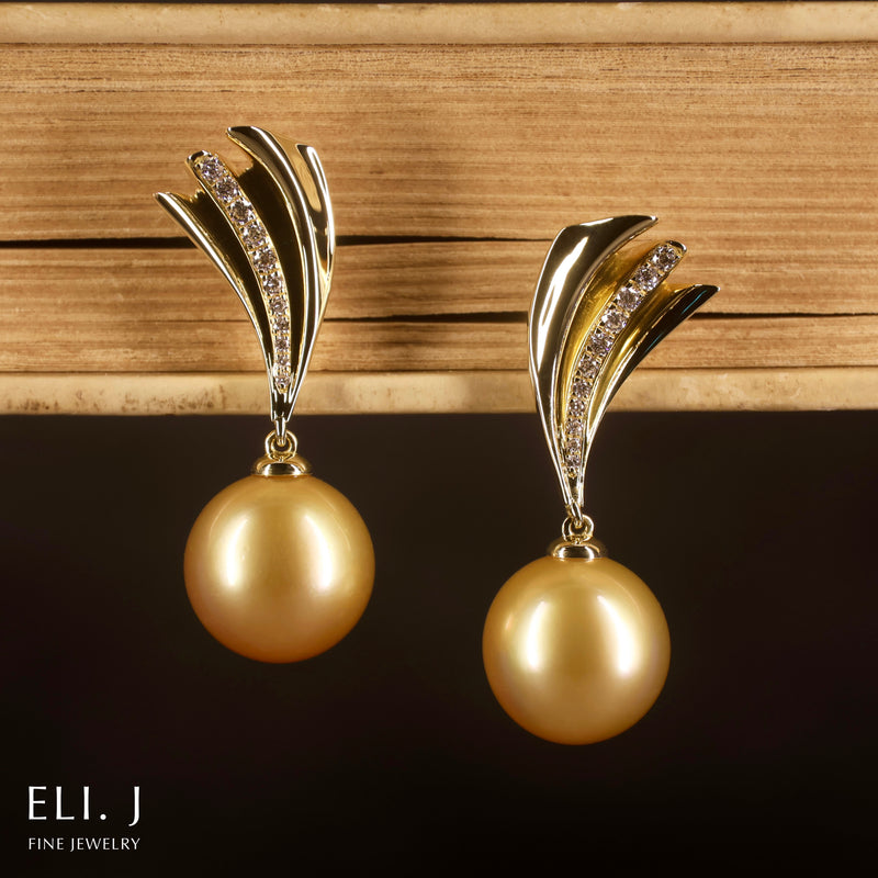 The Pleats Collection: 18K Yellow Gold Golden South Sea Pearl & Diamond Earrings