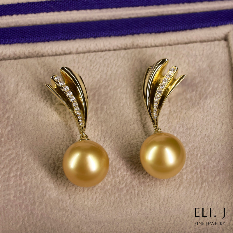 The Pleats Collection: 18K Yellow Gold Golden South Sea Pearl & Diamond Earrings