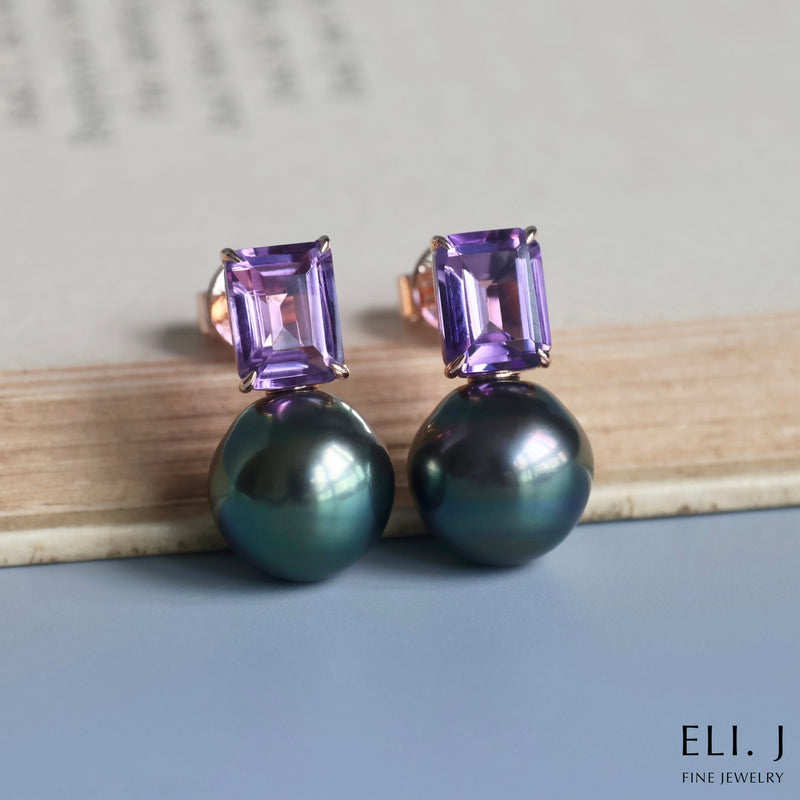 Charlotte: Amethyst & Tahitian Pearl 18K Rose Gold Earrings