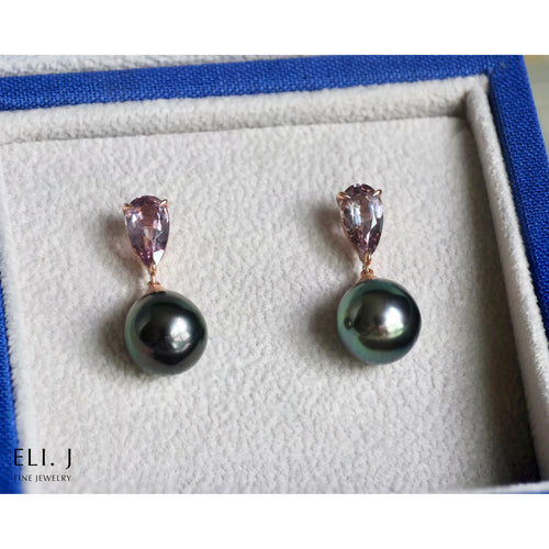 Nouveau: 18K Rose Gold Purple Spinel & Tahitian Pearl Earrings