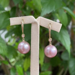 Faith: Purple-Pink Edison Pearl 18K Yellow Gold Diamond Earrings