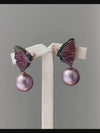 "Flight of Joy" Watermelon Tourmaline Butterfly & Pink-Purple Edison Pearl 14K Rose Gold Earrings
