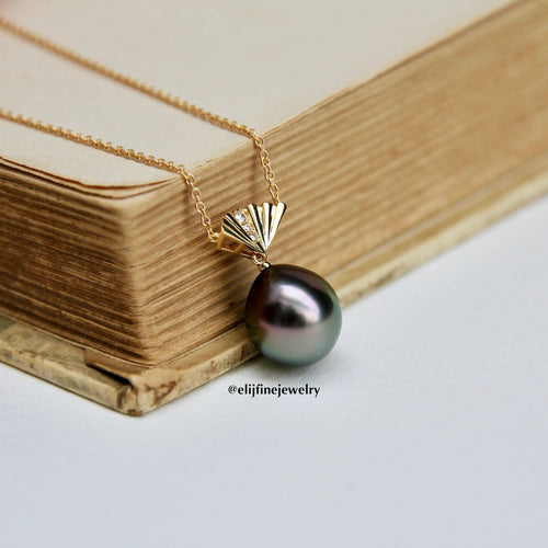 Sunburst Collection: Art Deco Fan Tahitian Pearl 18K Yellow Gold Necklace