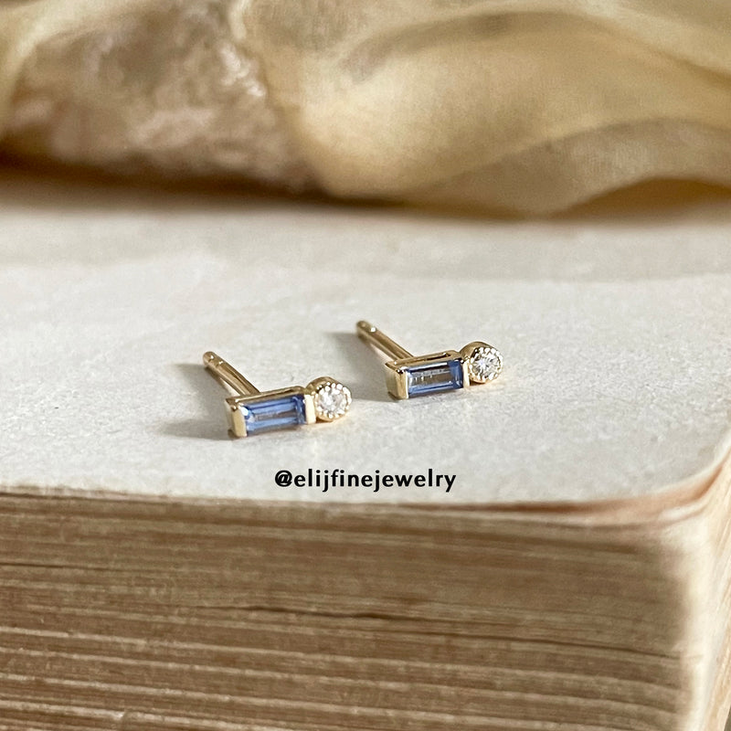 Petit Bisous Collection: "Emily" Blue Sapphire & Diamond 18K Yellow Gold Earrings