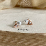 Petit Bisous Collection: "Helene" Perfect Round Freshwater Pearl & Diamond 18K Rose Gold Earrings