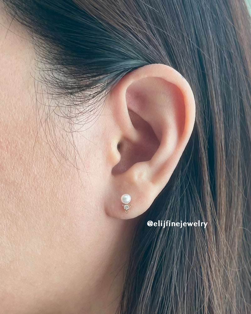 Petit Bisous Collection: "Helene" Perfect Round Freshwater Pearl & Diamond 18K Rose Gold Earrings