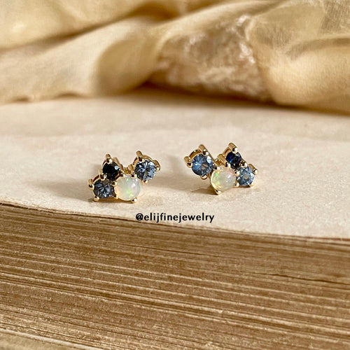 Petit Bisous Collection: "Rene" Blue Sapphire & Opal 18K Yellow Gold Earrings