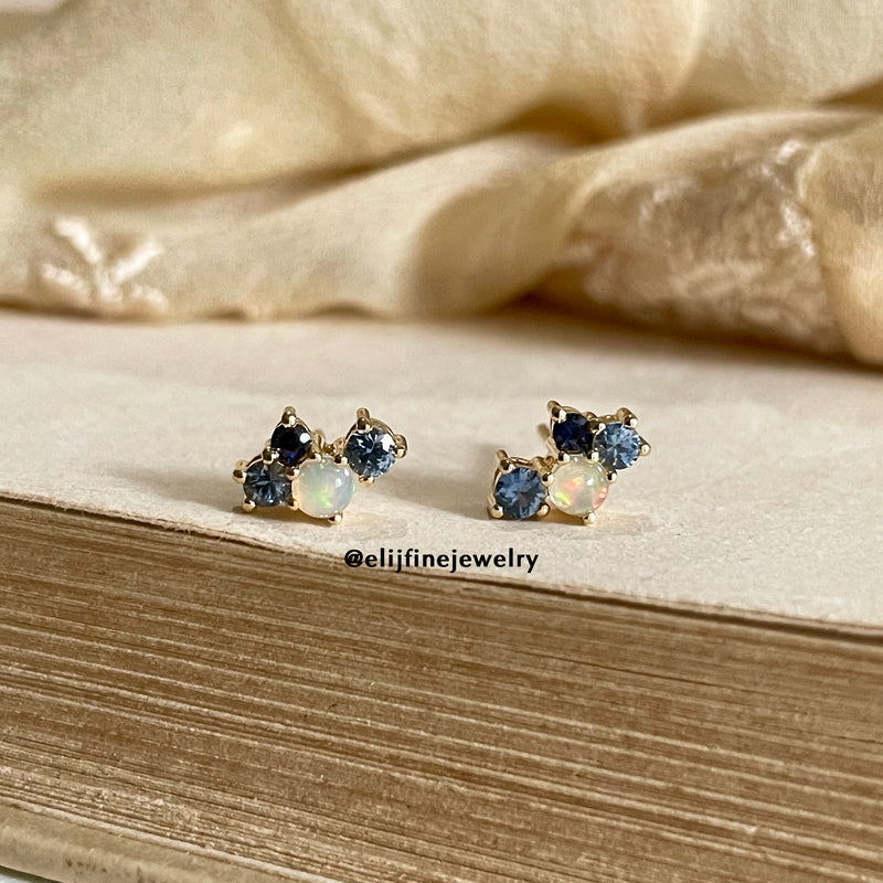 Petit Bisous Collection: "Rene" Blue Sapphire & Opal 18K Yellow Gold Earrings