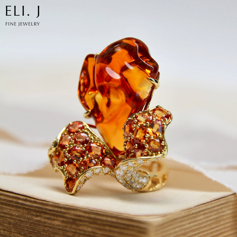 Firelight Dance: Fire Opal, Sapphire & Diamond 18K Gold Ring