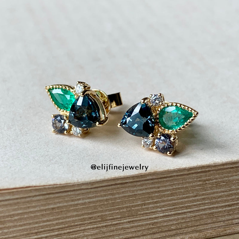 Spinel, Emerald & Coloured Gemstones 18K Yellow Gold Earrings