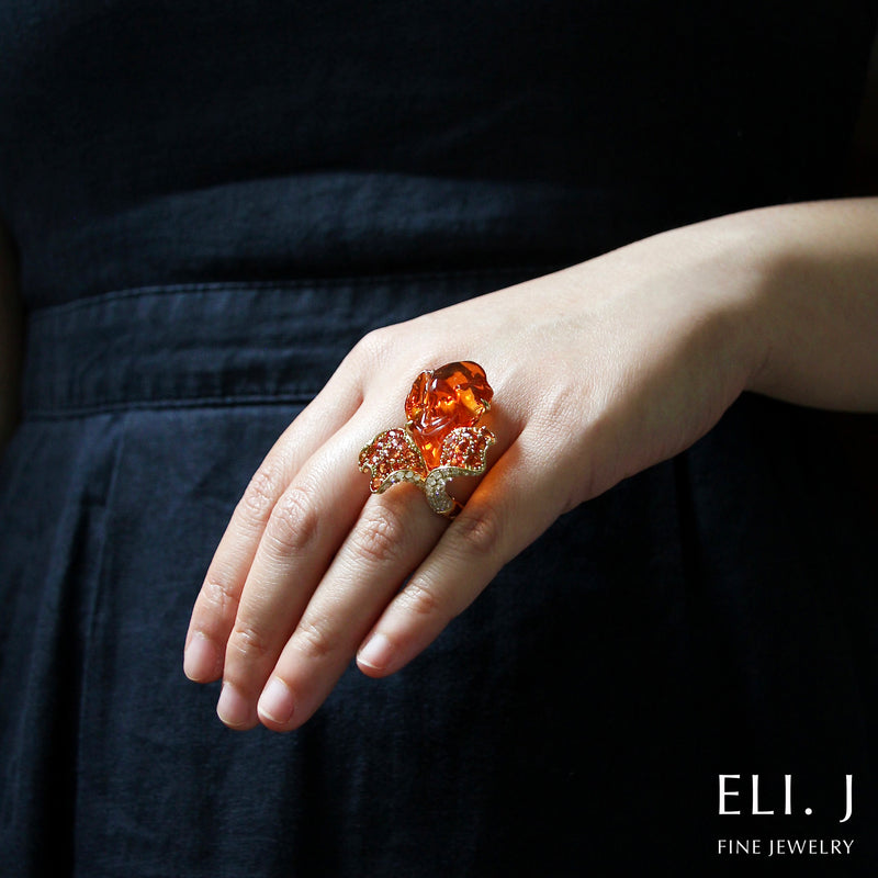 Firelight Dance: Fire Opal, Sapphire & Diamond 18K Gold Ring