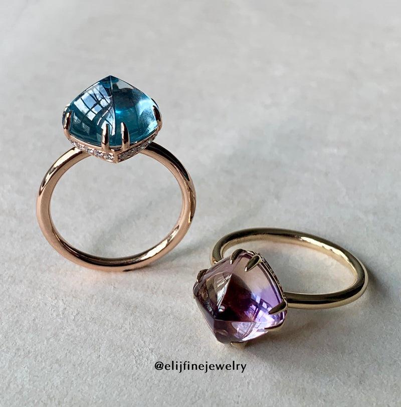 The Candy Ring Custom cut Sugarloaf Sky Blue Topaz 18K Rose Gold