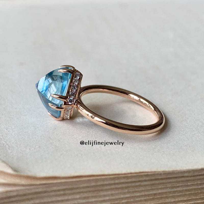 The Candy Ring- Custom-cut Sugarloaf Sky Blue Topaz 18K Rose Gold Ring