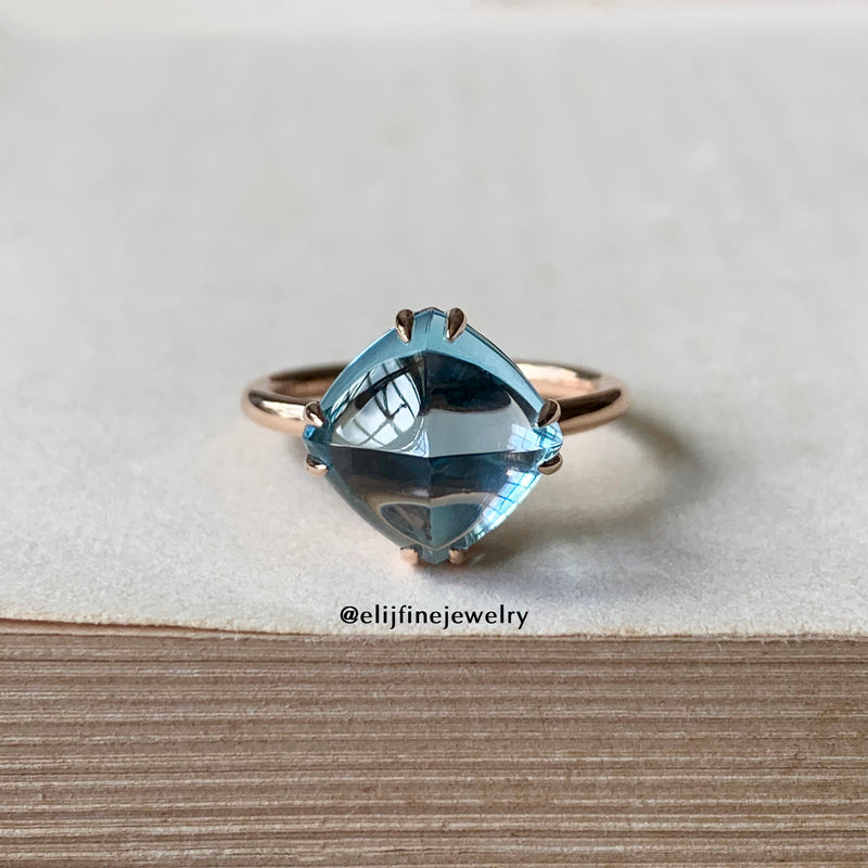 The Candy Ring- Custom-cut Sugarloaf Sky Blue Topaz 18K Rose Gold Ring