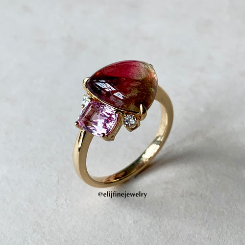 Bi-Colour Tourmaline & Pink Sapphire 18K Yellow Gold Ring