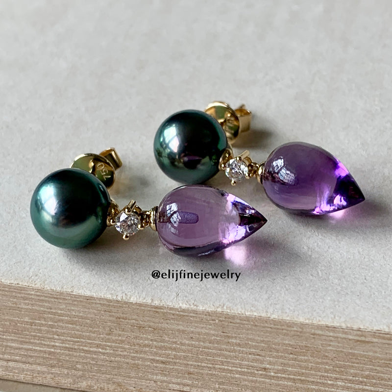 "Rock Chic" Amethyst Drop & Tahitian Pearl 18K Yellow Gold Earrings