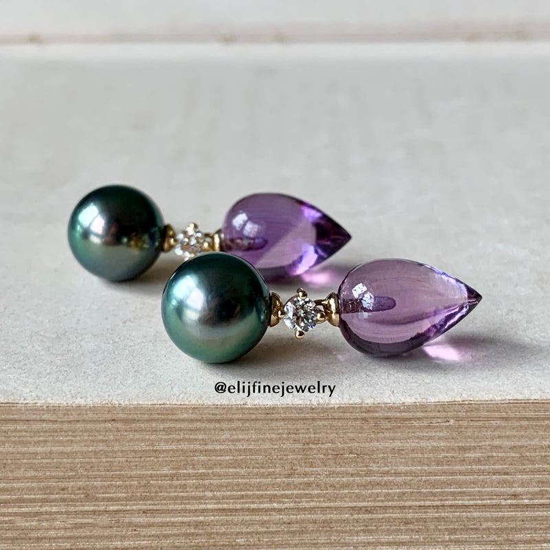 "Rock Chic" Amethyst Drop & Tahitian Pearl 18K Yellow Gold Earrings