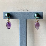 "Rock Chic" Amethyst Drop & Tahitian Pearl 18K Yellow Gold Earrings