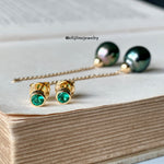 Emerald & Tahitian Pearl Drop 18K Yellow Gold Earrings