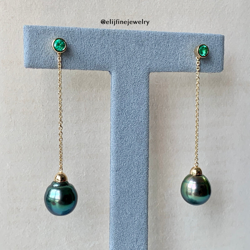 Emerald & Tahitian Pearl Drop 18K Yellow Gold Earrings