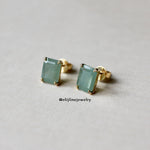Jade Gems: Emerald Cut Green Jadeite 18K Yellow Gold Earrings