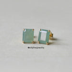 Jade Gems: Emerald Cut Green Jadeite 18K Yellow Gold Earrings