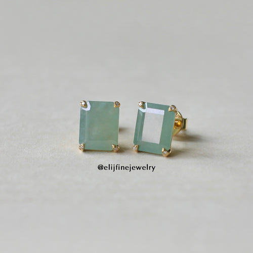 Jade Gems: Emerald Cut Green Jadeite 18K Yellow Gold Earrings