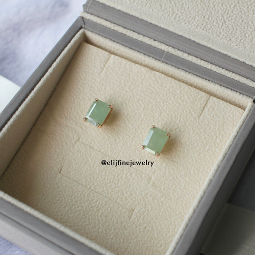 Jade Gems: Emerald Cut Green Jadeite 18K Rose Gold Earrings