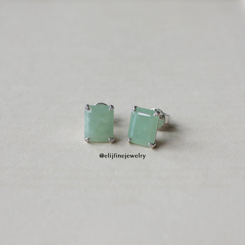 Jade Gems: Emerald Cut Green Jadeite 18K White Gold Earrings