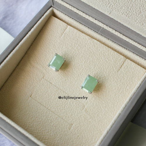 Jade Gems: Emerald Cut Green Jadeite 18K White Gold Earrings