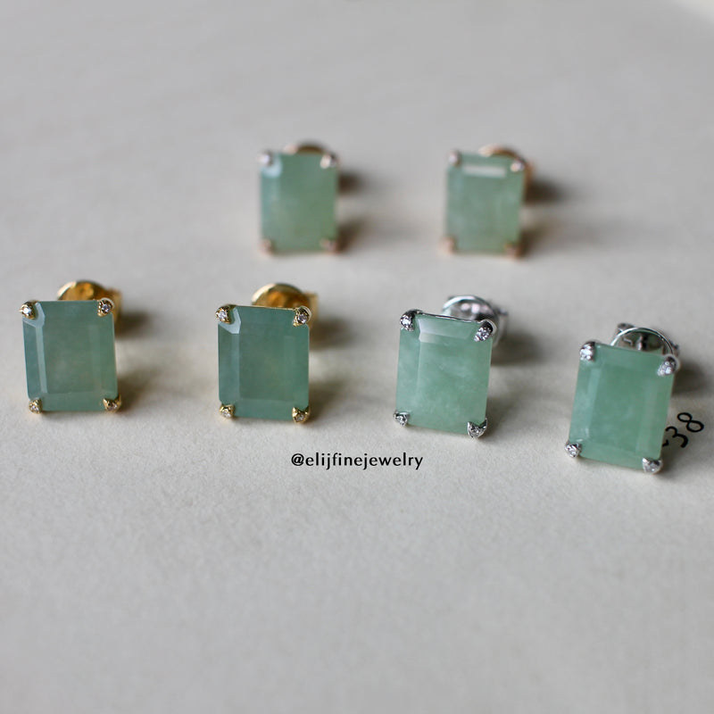 Jade Gems: Emerald Cut Green Jadeite 18K Yellow Gold Earrings