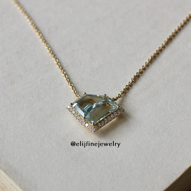 "Hero" Aquamarine & Diamond Halo 18K Yellow Gold Necklace