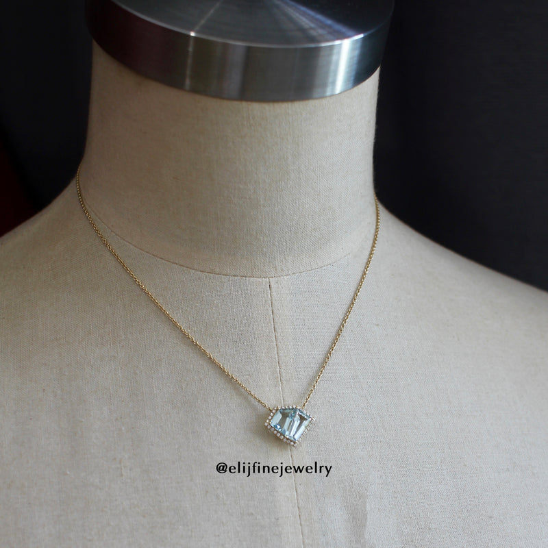 "Hero" Aquamarine & Diamond Halo 18K Yellow Gold Necklace